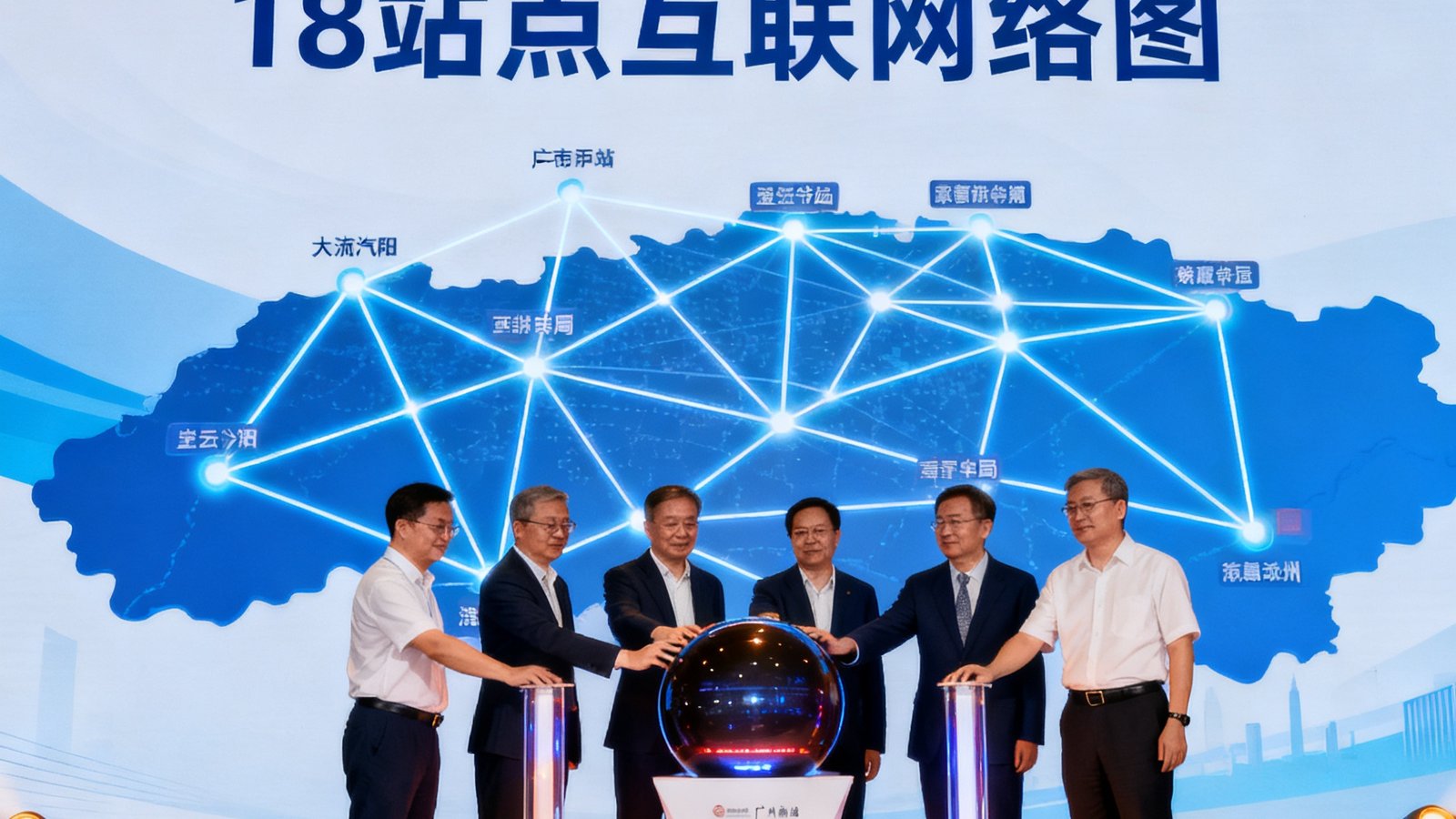 2024年10月在广州南站举行的跨站权益互通服务发布会现场，背景板展示18站点互联网络图，多位嘉宾共同启动亮灯仪式