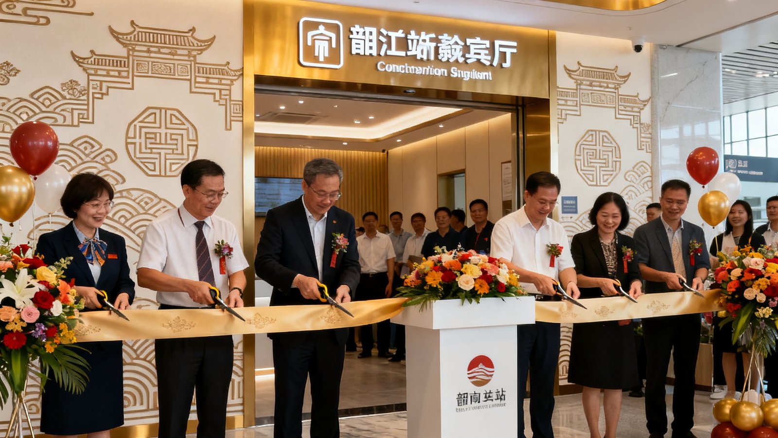 韶关站新贵宾厅开业剪彩现场，公司管理层与站方代表共同出席，新厅装修风格融合岭南元素与现代商务氛围