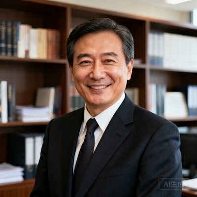 一位40岁左右的金融企业高管男士，身着深色西装，面带微笑的半身肖像，背景为办公室书架
