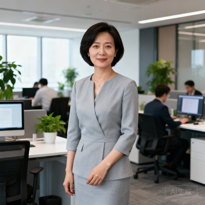 一位35岁左右互联网公司女性行政总监，干练的短发，穿着浅灰色职业装，背景为开放式办公区